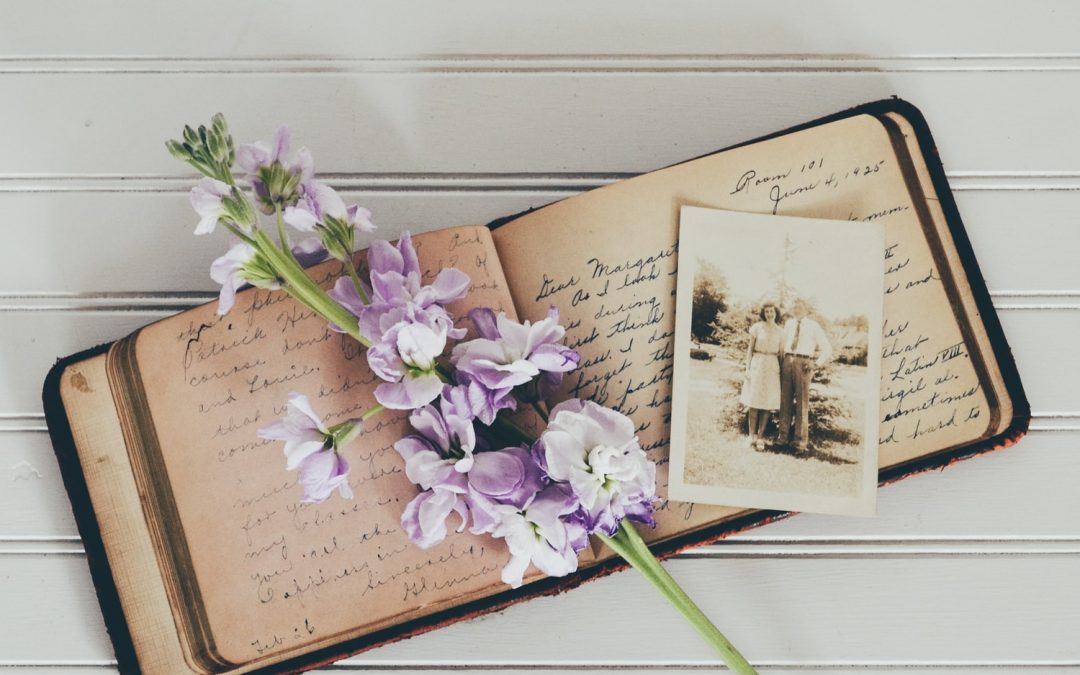 purple flowers on brown open book