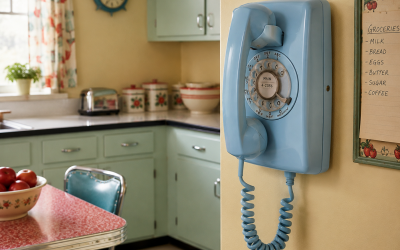 In memory of a sky blue, corded wall phone with dial feature